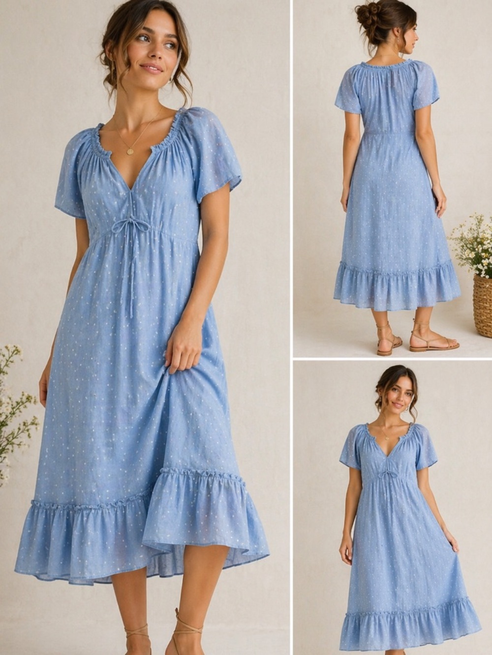 Rungolee Blue Cotton Voile Swiss Dot Flounce Hem Dress Size XS